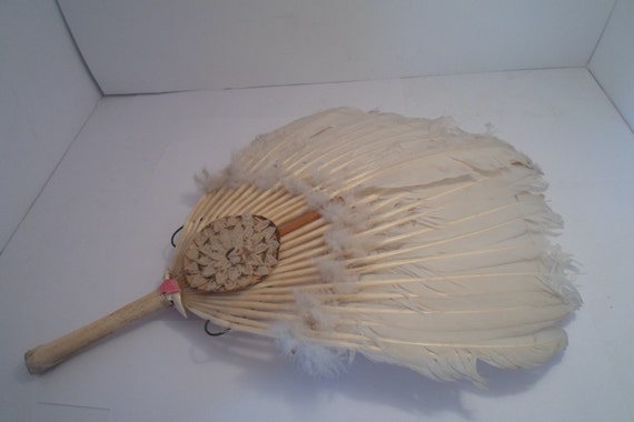 Antique Vintage Boudoir Long Quill Feathered Fan Woven Silk Chrysanthemum Petals Applied on Circle of Life Chicago Estate