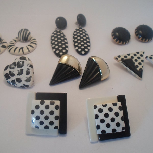7 Vintage 80's Black and White Group of Earrings 6 Pierced 1 Button Clip Defines the Era Breakfast Club Chic Memories Cool Chic Items