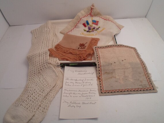 Antique Hoarder Stash Box 1914 Rose O"Neill Kewpie Blanket Wedding Hankie 1918 WWI Souvenir Hankie Hand Knit Victorian Baby Socks
