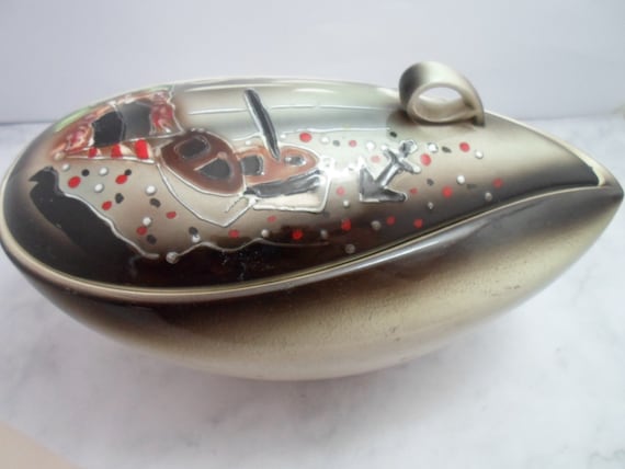 Vintage MCM Covered Bowl Rustic Beach Scene Hand Painted Pottery Abstract Boat Shape