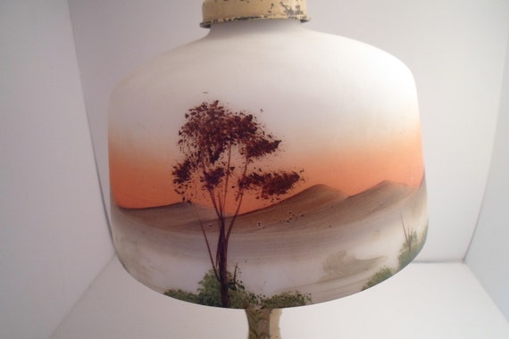 Art Deco Reverse Painted Glass Lamp Iron Base Cottage Chic 23" Hand Painted Sunset Trees Mountains not a Reproduction Office Boudoir lamp