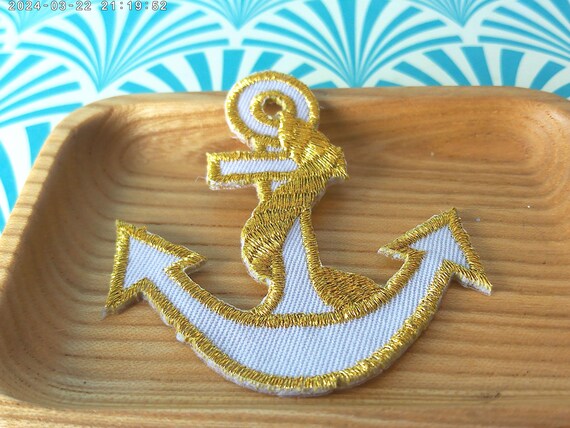 New old stock vintage 80's 2.5" white and gold nautical anchor iron on patch