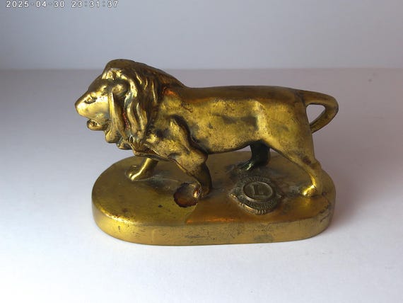 Vintage 60's Lion's Club brass lion on pedestal figurine Shelf sitter Gold Lion