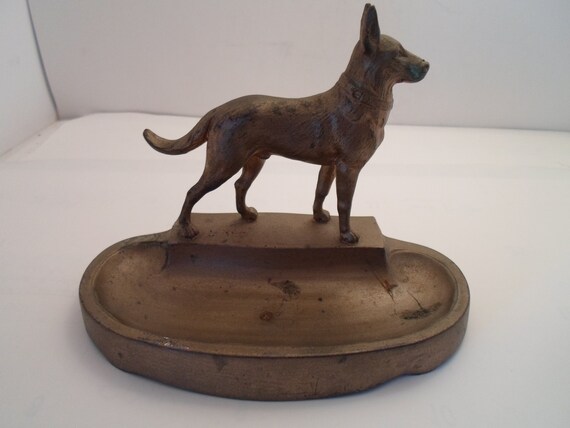 Vintage Signed Art Deco Dog Desk Top Pen Tray Heavy Metal German Shepard Type Man's Best Friend Dresser tray Pin tray Decorator choice