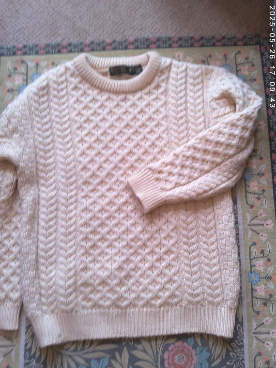 Blarney Woollen Mills 100% Merino Wool Irish cable knit cream sweater Small