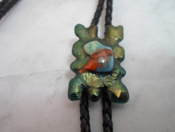 Vintage Bolo Tie Enamel Iridescent Clip 1980's Metal Tips