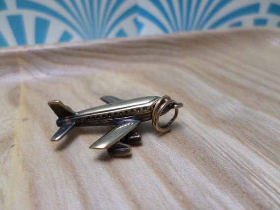 vintage 60's airplane gold tone metal charm for bracelet or necklace