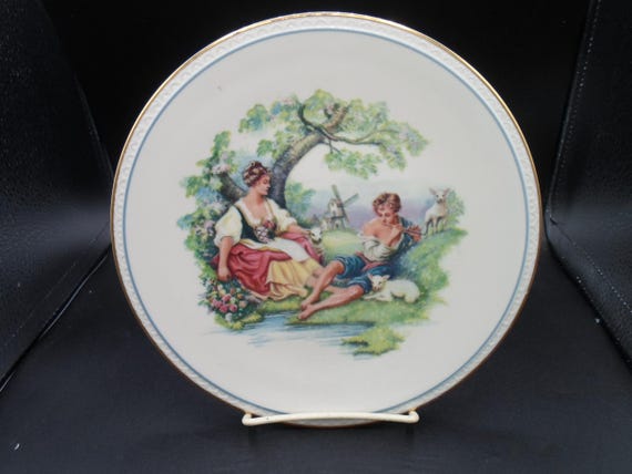 Vintage Pickard 8"Plate Hand Decorated Beautiful Scene Loving Couple Animals Flowers