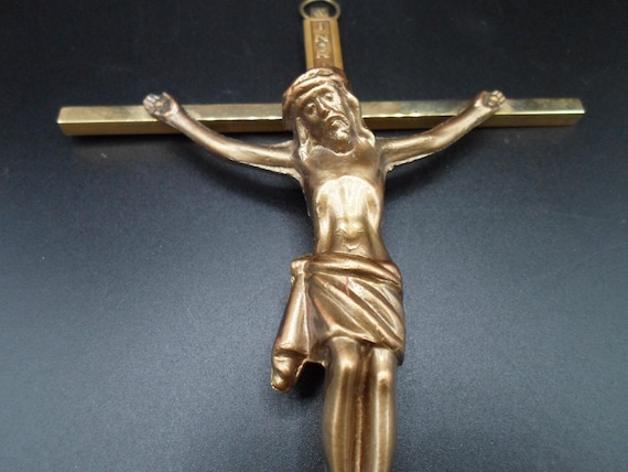 Vintage MCM Crucifix Brass Original Box 1960's Mid Century Catholic Christian