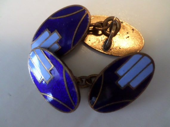 Vintage Art Deco Cobalt blue enameled classic chain cufflinks