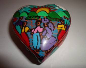 Vintage Hand Painted Heart Shape Folk Art Trinket Ring Box Mexican Day of Dead Style