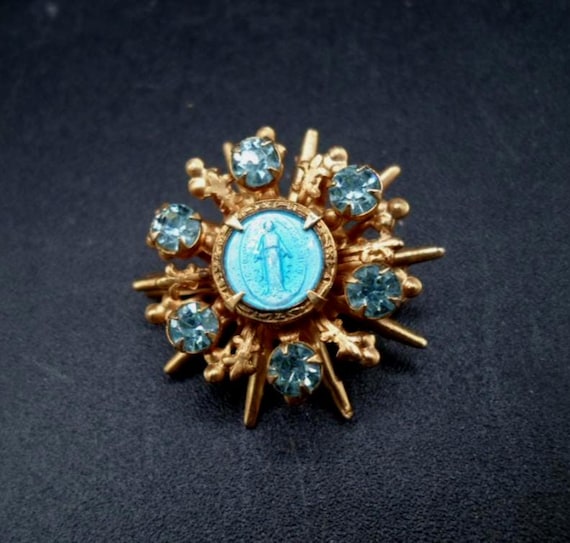 Vintage Miraculous Medal Blessed Virgin Mary Brooch Starburst of Blue Rhinestones Blue Enamel Guilloche style Medal
