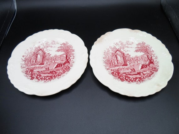 Vintage 2 English Abbey Red Transferware 6" Plates chips as is