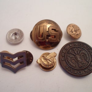 Antique 6  Military Related Buttons Pin Backs USA Eagles Stripes Brass Cute Lot Re Purpose or Collect