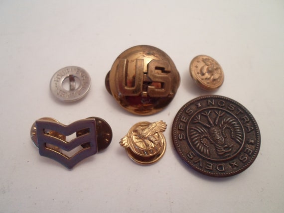 Antique 6  Military Related Buttons Pin Backs USA Eagles Stripes Brass Cute Lot Re Purpose or Collect