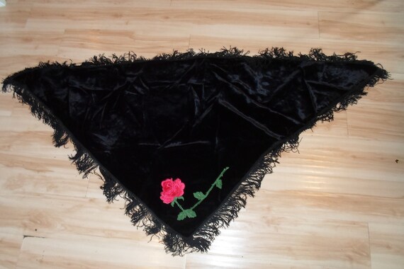 Vintage Shimmery Black Velvet Fringed Shawl Applied Long Stem Red Rose Stunning Color 1970's Boho Use or Drape a chair