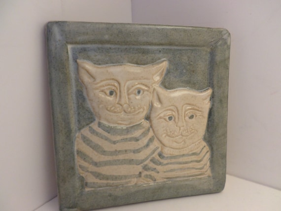 Vintage tile Kuihema signed tile popa & son cats in streped shirts