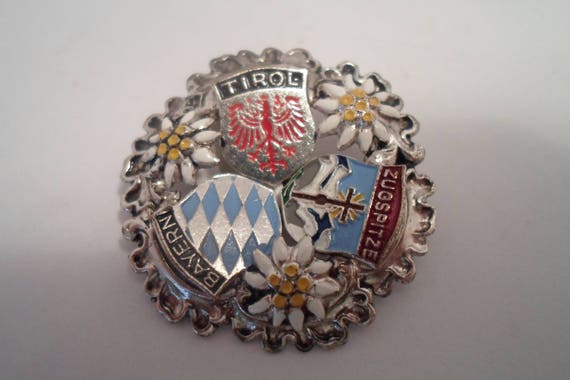 Vintage Ethnic Pin Tirol Zugspritz BergmonGerman Austrian Mountains Dasies Shields Coat of Armor interesting Brooch Hand Painted Tyrolian