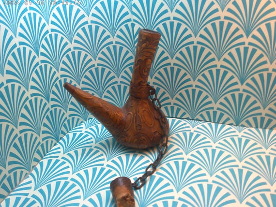 vintage 40's embossed leather covered Vino wine bottle tooled so beautiful with chained cork Spanish Leather