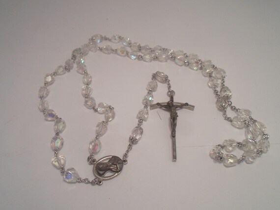 Vintage Aura Borealis Rainbow Crystal Rosary Flat Top Beads Defined Cross has Arch on Arm bar Sculpture medal 23" long Heavy Quality Rosary