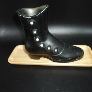 Vintage Cast Metal Black Victorian Button Up Shoe Vase or Candy Container