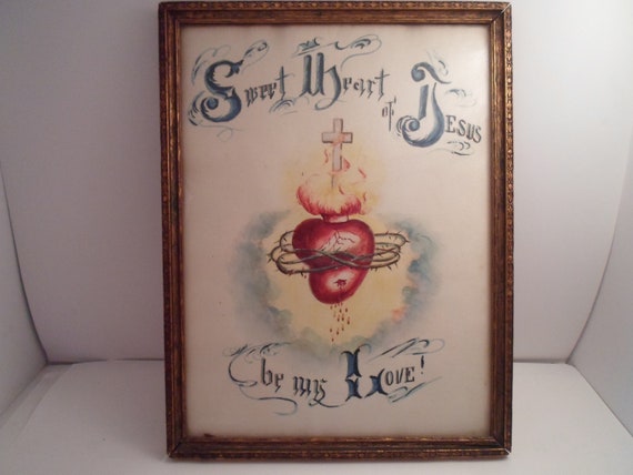 Art Deco Sacred Heart of Jesus Be Thou My Love Print Emotional Feel Bo Ho Cool Cottage Chic Catholic Unusual Look
