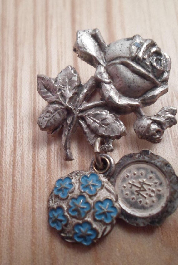 Vintage Religious Slide Medal Pin Miraculous Mary Blue Enamel Silver Rose
