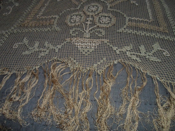 Antique Vintage Needlework Lace Large Shawl Tedious Work 70" x 70" plus Long Looped 12"Fringe Stunning Design Ecru Color Very Good Condition