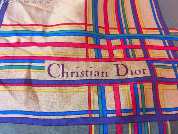 Christian Dior 1980's scarf gem tone plaid, 100% silk gold, plum, blue green red yellow
