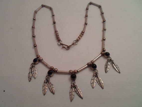 Vintage Sterling Silver Zuni Indian Necklace Feathers Onyx Beads Hand Made Detail Road Side Stand 19"long Delicate Feathers 1"long