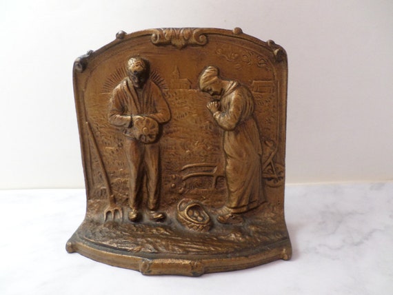 Antique 1920's bronze single bookend-doorstop L'Angelus Millet farmers praying over crop