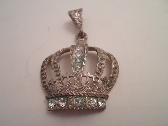 Antique Vintage Convex Sterling Silver Hand Made Crown Regal Pendant Queen Monarch Rhinestones Crosses Art Deco Royalty