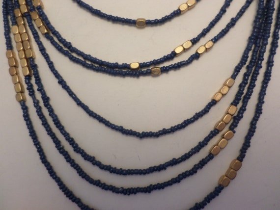 90's vintage multi layer beaded neclace foil gold and sea blue beads sexy bohemian chic