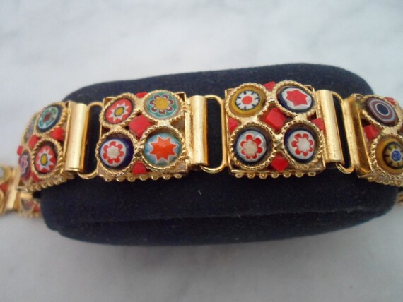 Vintage Bracelet Mosaic Painted Tiles Floral Gold… - image 6