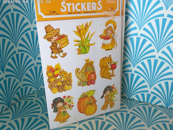 Vintage new sealed old stock 80's Eureka Made in the USA Autumn Thanksgiving stickers Pumpkin, Pilgrims, Indians, squirrels, 36 stickers