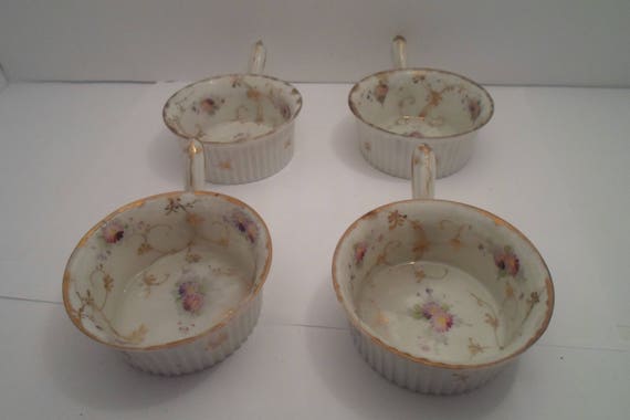 Antique Semi Translucent Porcelian Hand Painted Gold Leaf Ramekins with Handles French or German Oven to Table Farmhouse Cottage Chic