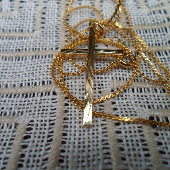 Vintage Engraved Cross and 18" Chain Gold Tone Unisex 1980's