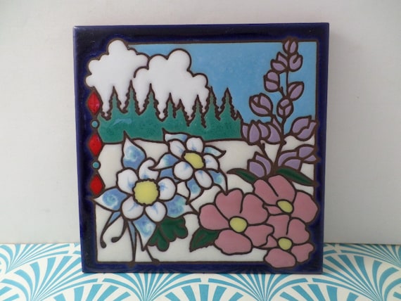 Vintage 90's Ceramic Tile Trivet Made in the USA floral mountainside deep woods