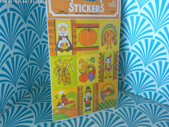 Vintage new sealed old stock 80's Eureka Made in the USA Autumn Thanksgiving stickers Pumpkin, Pilgrims, Indians, country farm, 36 stickers