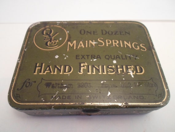 Vintage Advertising Tin Watch Main Springs Hand Finished O & Y co. Made in Switzerland Waltham Watches 1930's