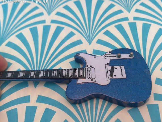 vintage keychain 80's royal blue metallic guitar 4" long made from wood metal hardware