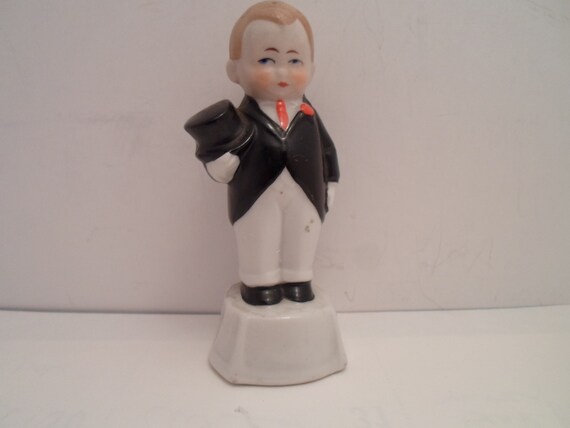 Vintage Antique Art Deco Ceramic Groom Cake Topper Holding Top Hat Adorable