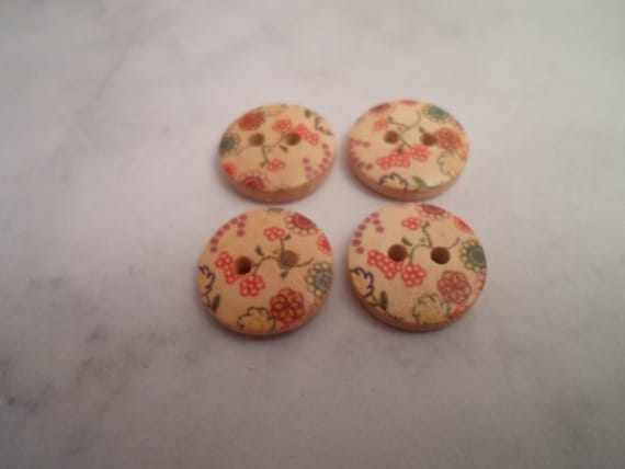 Vintage Wood Buttons Delicate Wildflower print Sweet 4 total 1990's