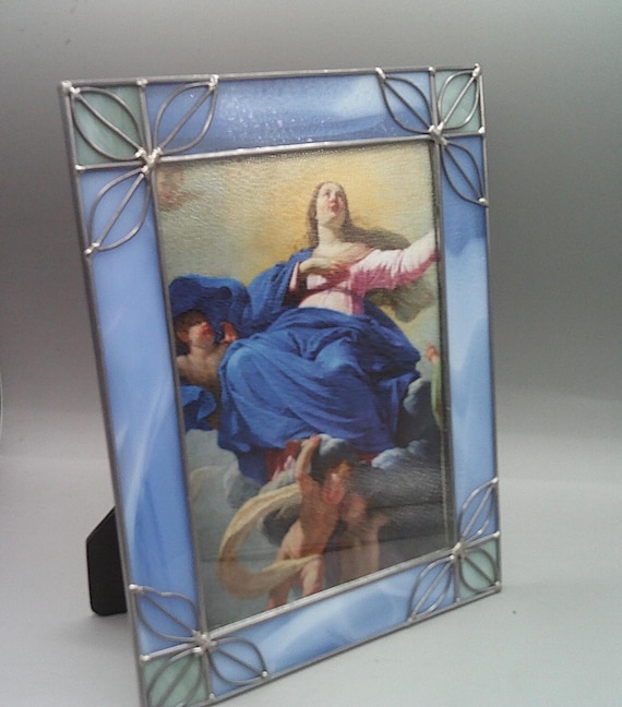 Vintage Leaded Stained Glass Picture Frame Blue White Swirl Assumption Calendar photo display