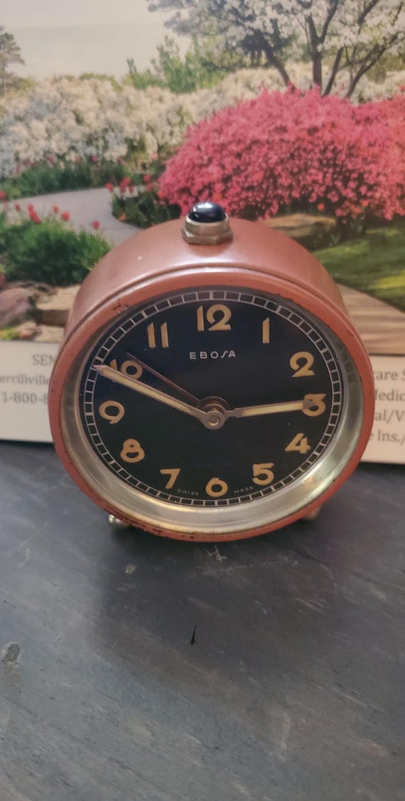 Vintage EBOSA Desk Alarm Clock 1940s Mechanical Movement 2.50"Diameter as found