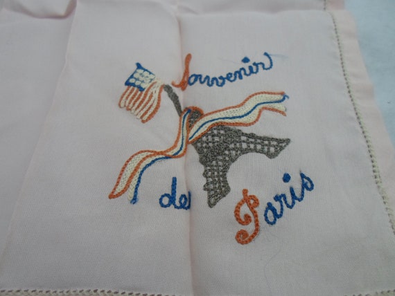 Vintage Souvenir of Paris Pink Silk Handkerchief Embroidered WWI Early American Flag Eiffel Tower