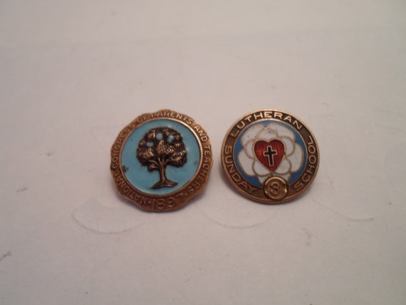 Vintage Gold Filled Enamel Lapel Pins: Tree & Cross Heart Charms