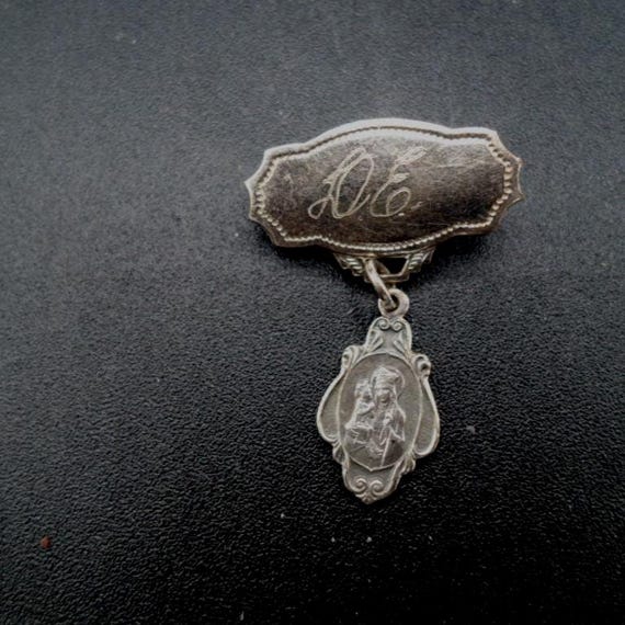 St Anne Medal Pin Antique Saint Anne Deaupre' Unusual Somewhat rare and initialed