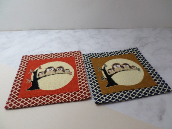 2 vintage fabric coasters double sided Japanese fabric Owl family gem tones