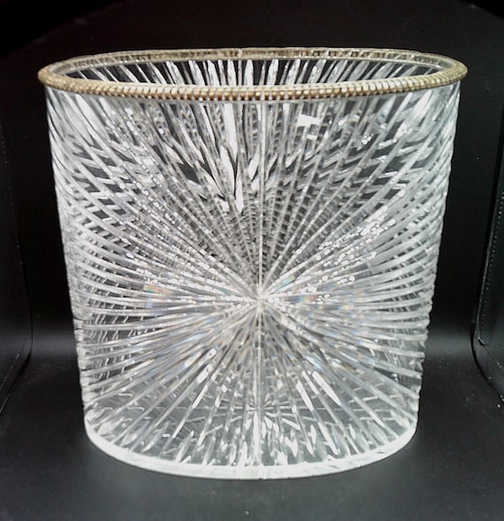 Vintage Mid Century Faux Crystal Waste Basket Brass Trimmed Quirky Cool Lucite Plastic